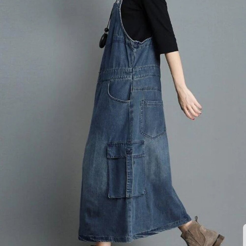 Denim Cargo Overalls Dress with Zipper Size M NWTO - Picture 5 of 9